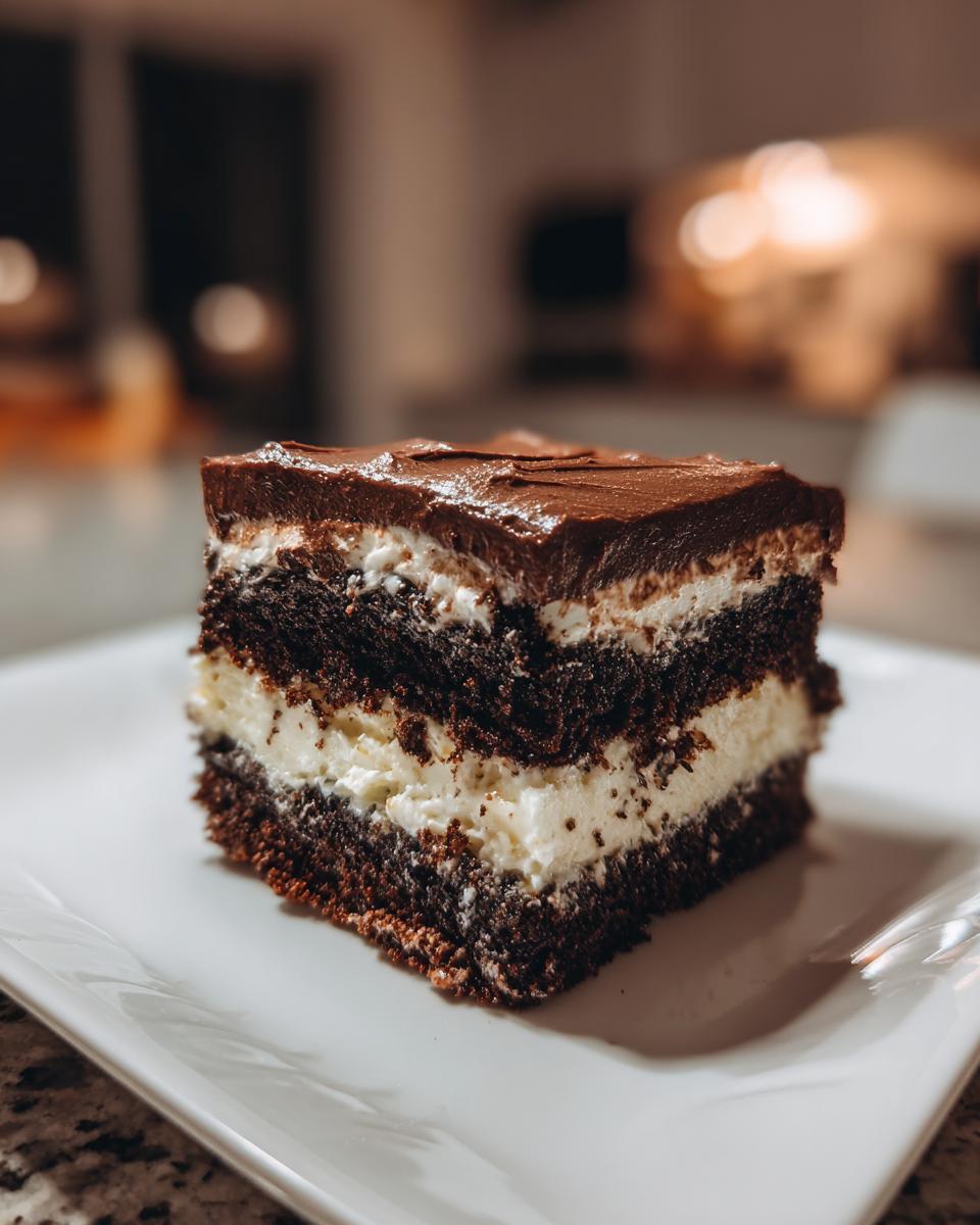 A decadent slice of layered Italian Love Cake featuring dark chocolate cake, white creamy filling, and chocolate frosting.