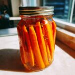 A glass mason jar filled with bright orange pickled carrots standing upright in brine, illuminated by sunlight.