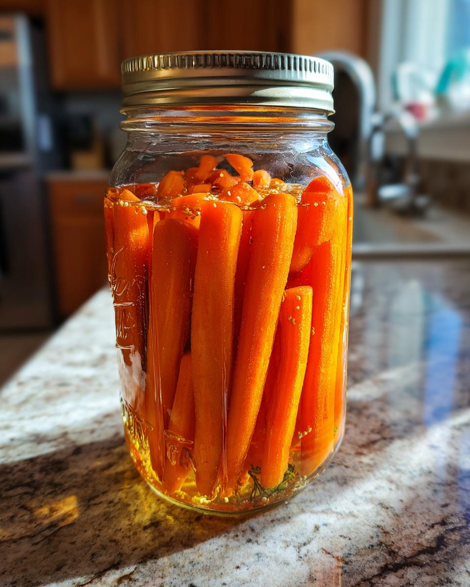 A glass mason jar filled with bright orange pickled carrots standing upright in brine on a granite countertop.