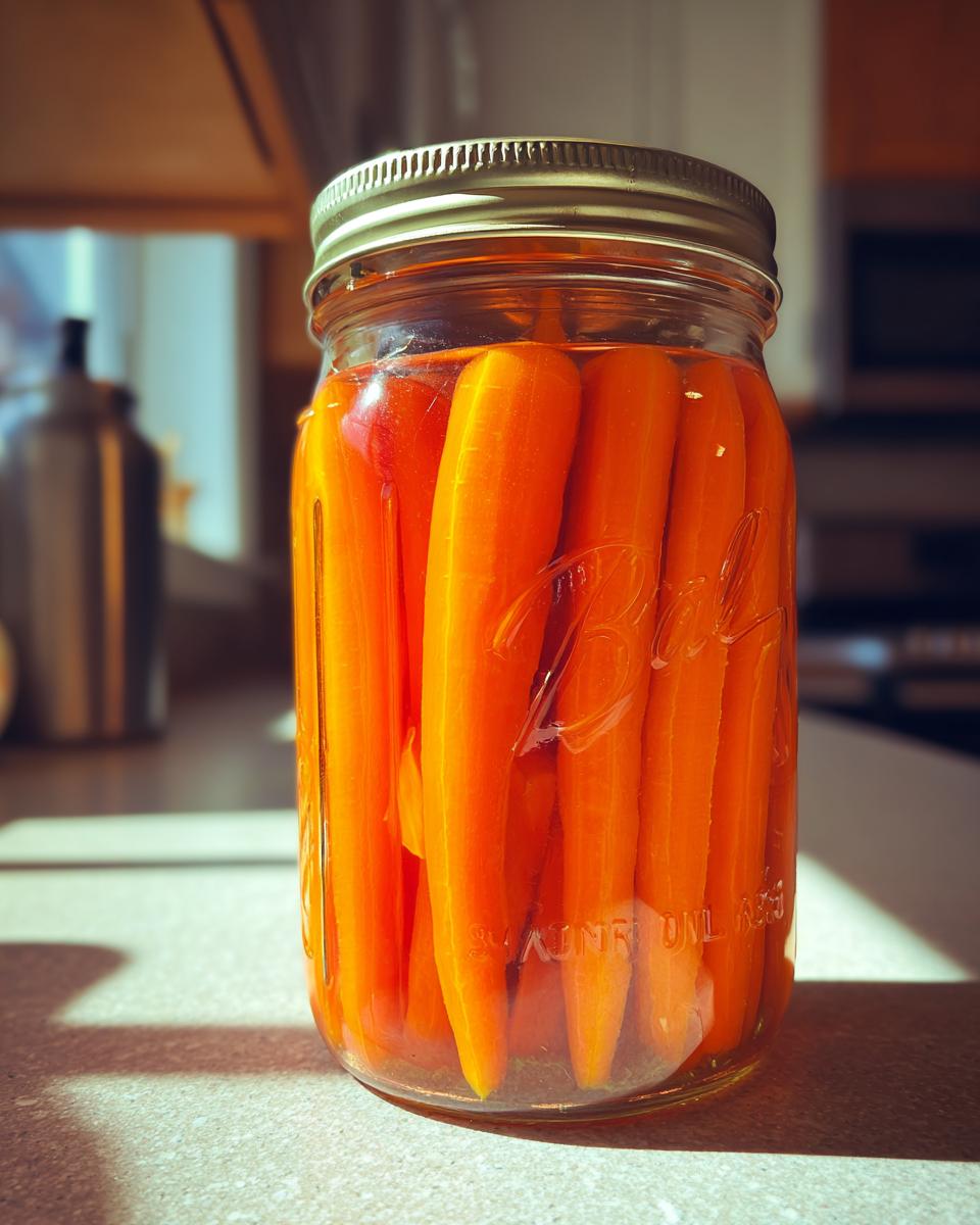 A glass Ball jar filled with bright orange, whole pickled carrots sitting on a countertop in sunlight.