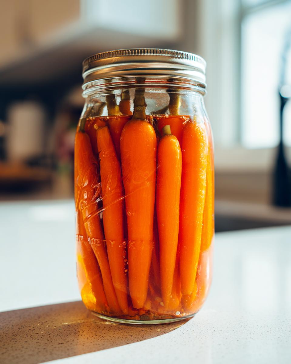 A glass mason jar filled with whole, bright orange pickled carrots submerged in brine, sitting on a light countertop.
