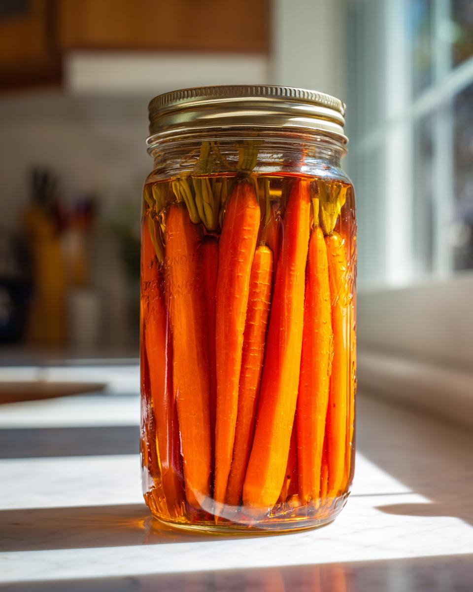 A tall glass jar filled with whole, bright orange pickled carrots submerged in brine, sitting on a sunny countertop.