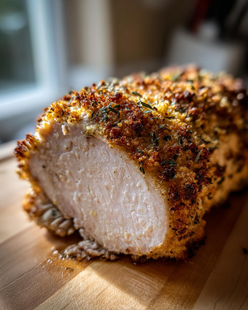 Close-up of juicy baked ranch chicken breast, showing the moist white interior and golden, herbed crust.