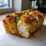 Close-up of juicy baked ranch chicken showing a cross-section of the white meat and crispy, golden breadcrumb coating.