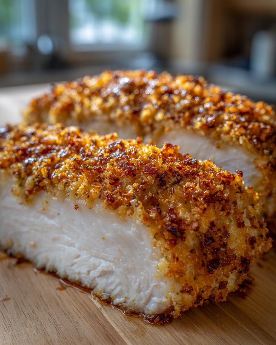 Close-up of juicy baked ranch chicken breast, showing the white interior and crispy, golden-brown ranch coating.