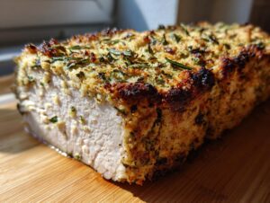 Cross-section of juicy baked ranch chicken showing the white interior and a thick, golden-brown herb crust.