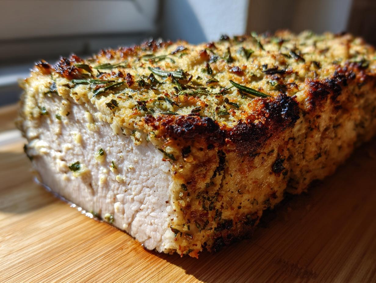 Cross-section of juicy baked ranch chicken showing the white interior and a thick, golden-brown herb crust.