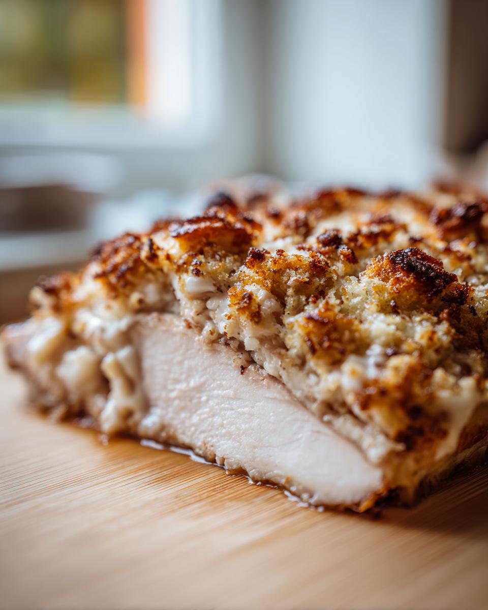 Close-up of a slice of juicy baked ranch chicken breast showing the moist interior and crispy, golden topping.