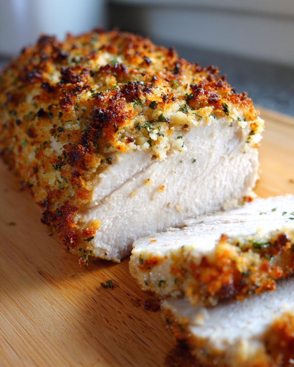 Close-up of juicy baked ranch chicken loaf, sliced, showing a thick, golden-brown herb crust.