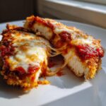 Two pieces of keto chicken parmesan showing melted mozzarella cheese and marinara sauce over crispy chicken.
