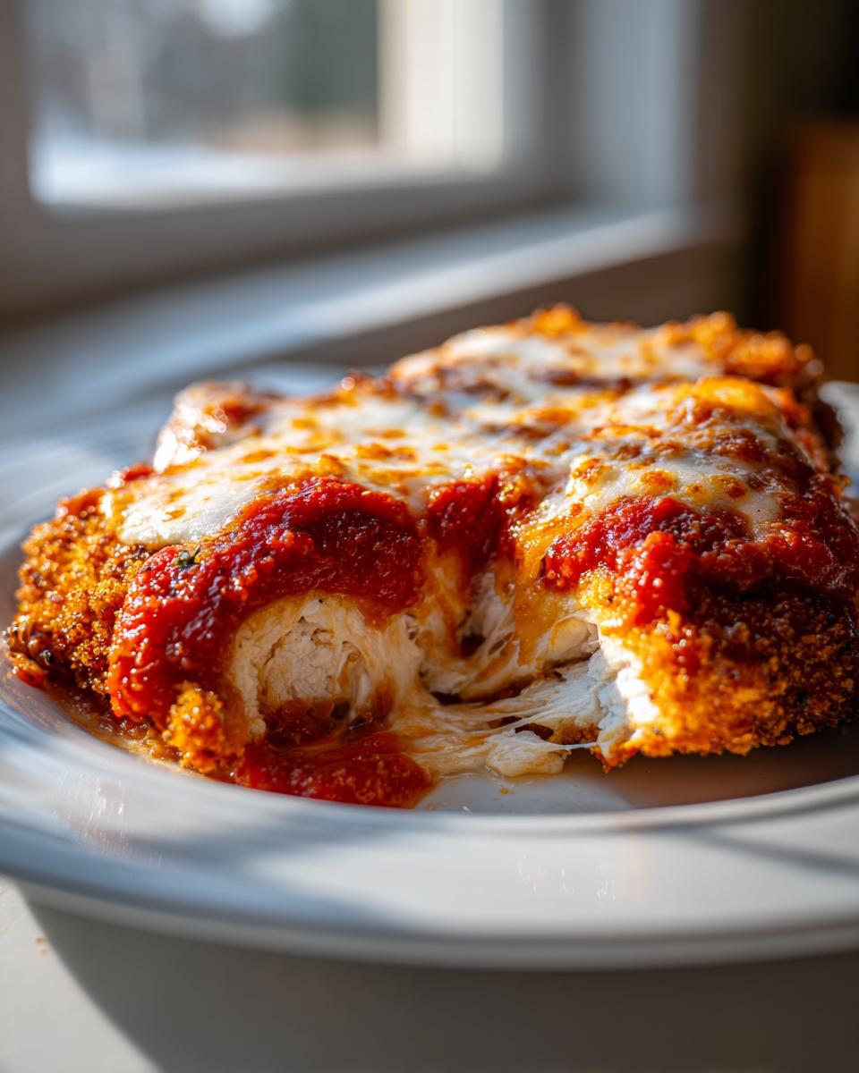 Close-up of a serving of keto chicken parmesan showing melted mozzarella, rich tomato sauce, and crispy coating.