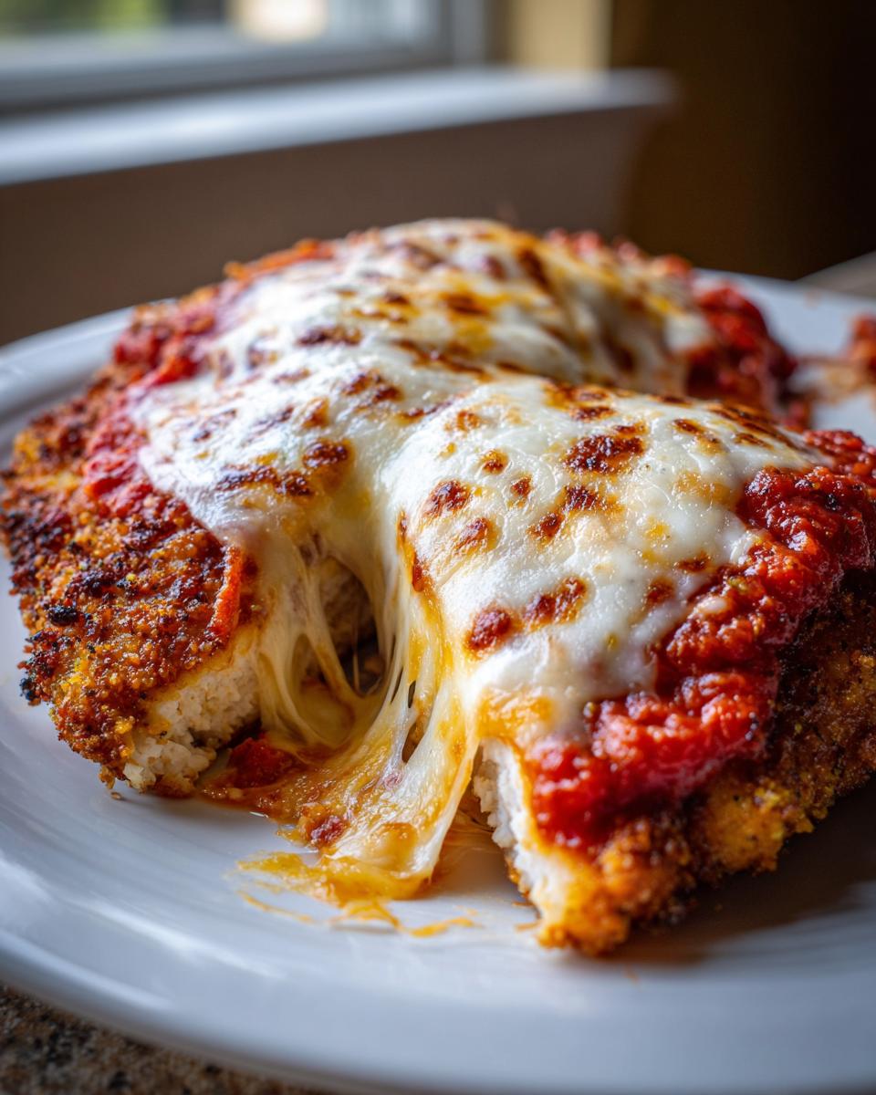 Close-up of a piece of keto chicken parmesan, cut open to show melted, stretchy mozzarella cheese and rich tomato sauce.