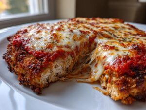 Close-up of cheesy keto chicken parmesan with a piece pulled away showing melted mozzarella strings.