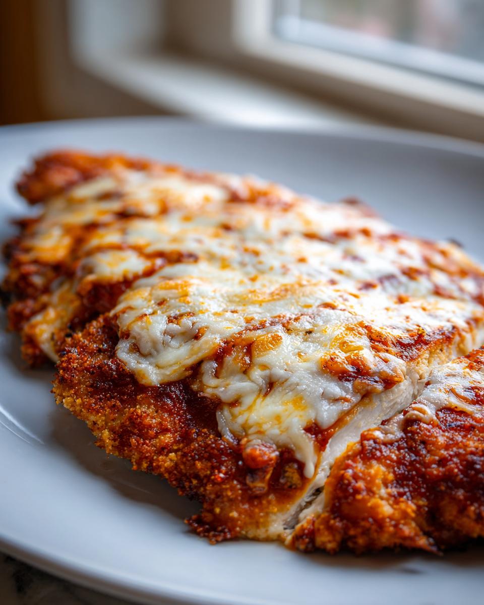 Close-up of a breaded and baked keto chicken parmesan fillet topped with melted mozzarella and tomato sauce.