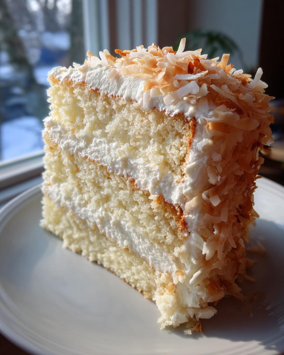 Close-up of a moist slice of layered coconut cake filled with white frosting and topped with toasted coconut flakes.