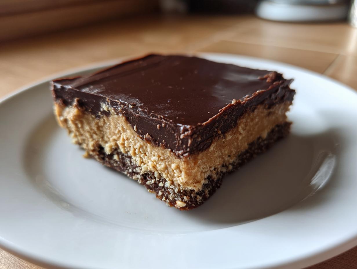 A close-up of a layered peanut butter bars slice with a chocolate topping on a white plate.