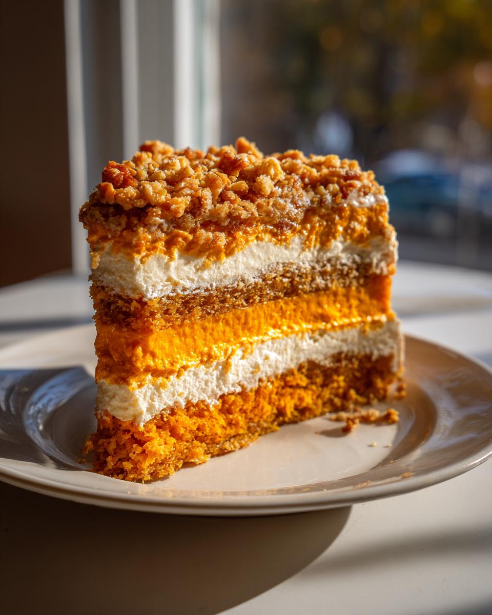 A tall slice of layered pumpkin crunch dessert with orange pumpkin filling, white cream, and a crumbly topping.