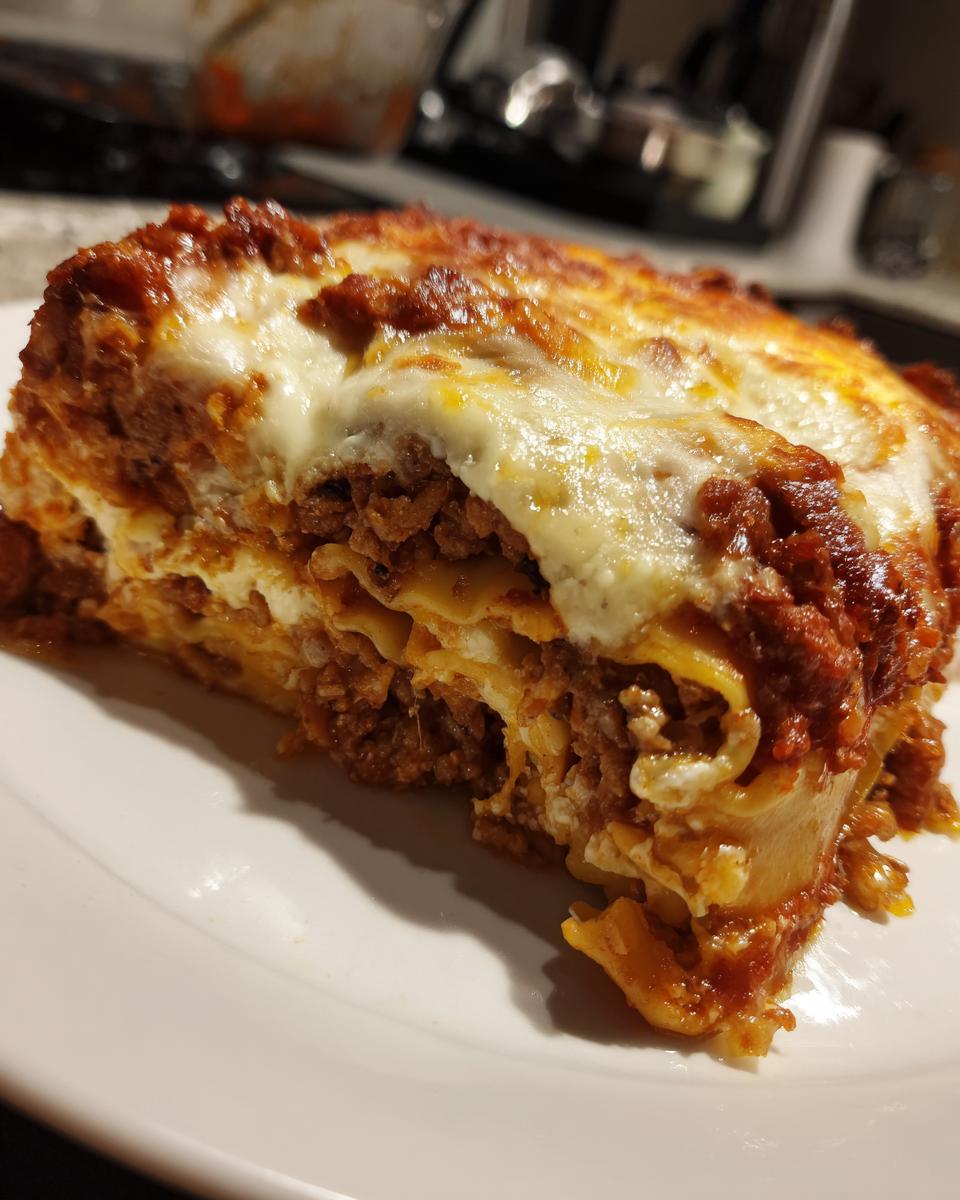 Close-up of a hearty slice of lazy lasagna featuring layers of pasta, meat sauce, and melted white cheese on a white plate.