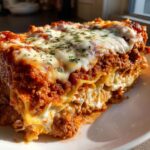 Close-up of a rich, layered slice of lazy lasagna topped with melted mozzarella and parsley.