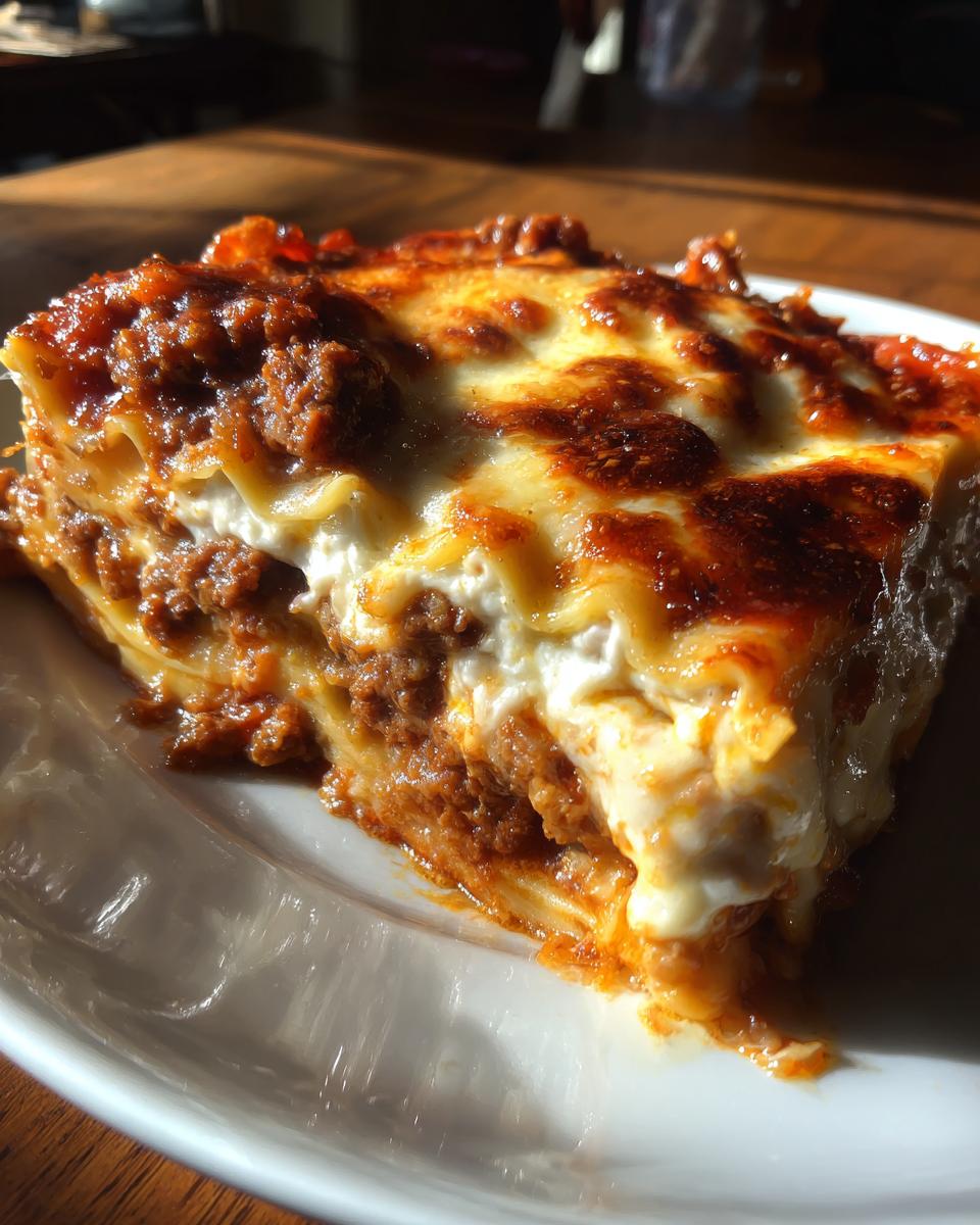 Close-up of a rich, cheesy slice of lazy lasagna showing layers of meat sauce and white filling.