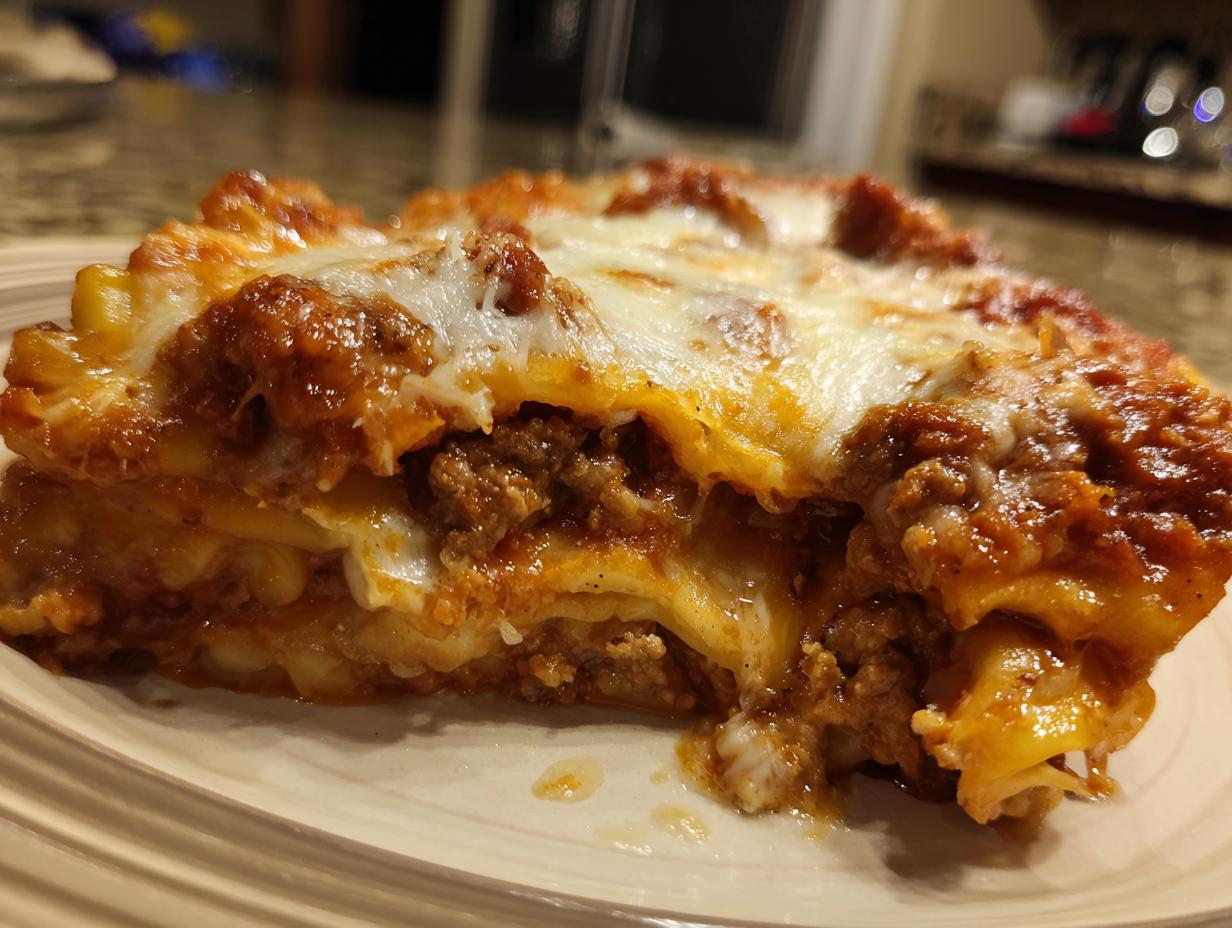 Close-up of a thick slice of lazy lasagna showing layers of pasta, meat sauce, and gooey melted cheese on top.