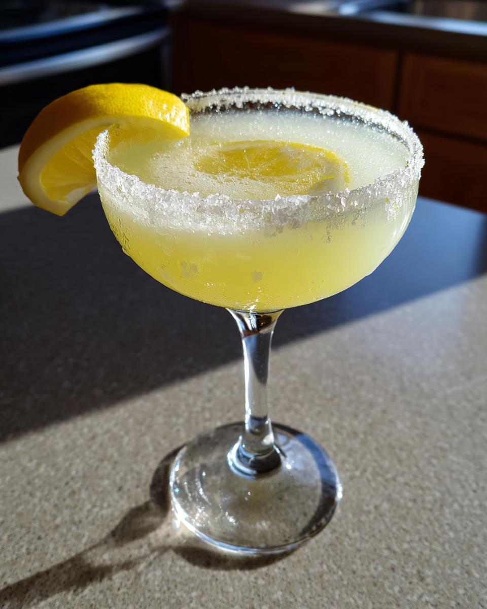 A classic lemon drop martini in a coupe glass with a sugared rim and lemon garnish.