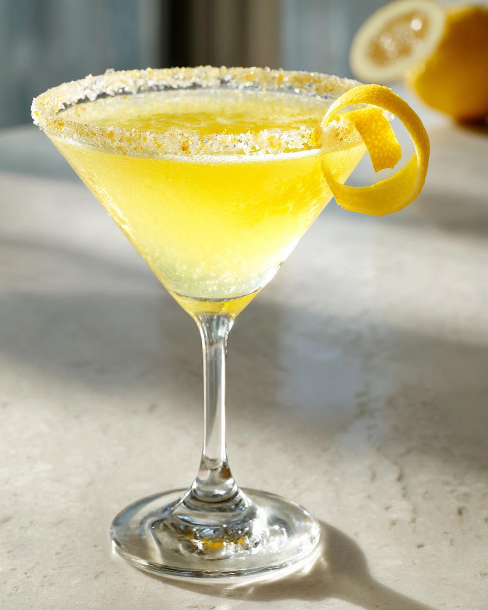 A bright yellow lemon drop martini in a coupe glass with a sugar rim and lemon twist garnish.