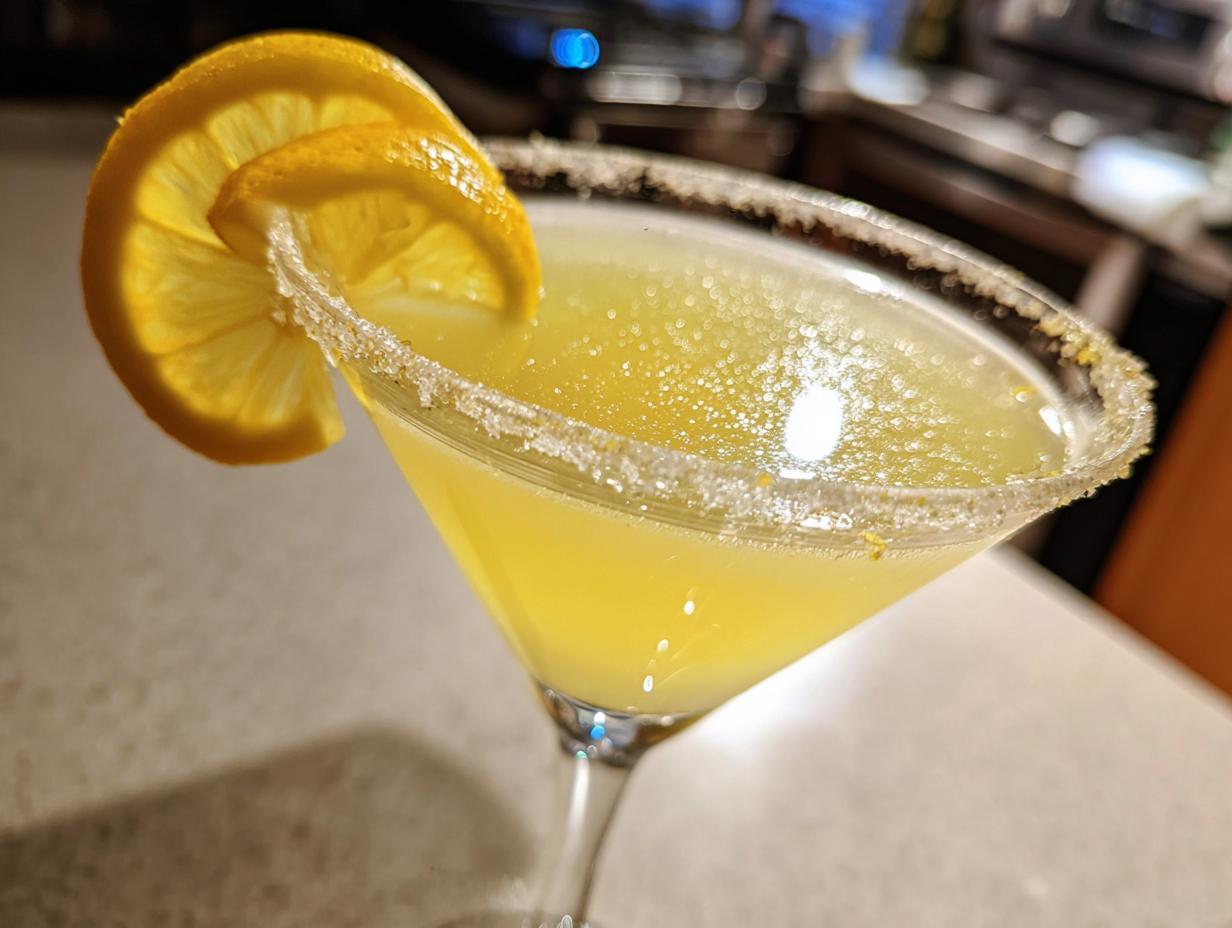 Close-up of a bright yellow lemon drop martini in a coupe glass with a sugar-rim and lemon wheel garnish.