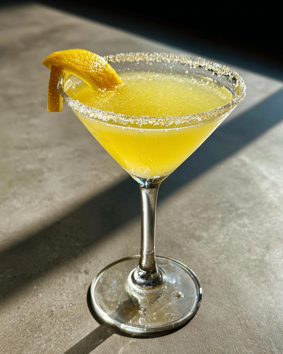 A bright yellow lemon drop martini in a chilled glass with a sugared rim and lemon twist garnish.