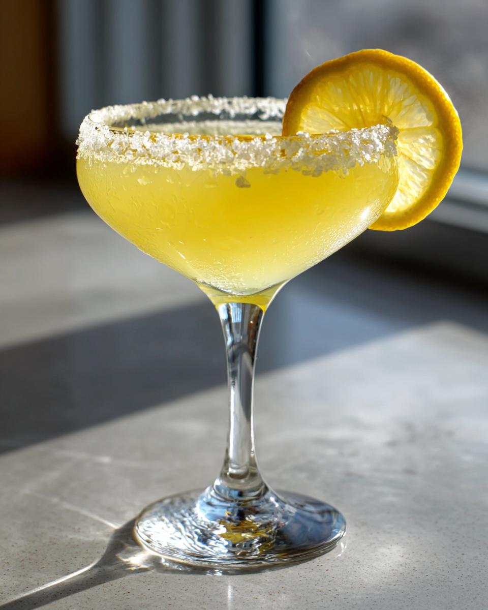 A bright yellow lemon drop martini in a coupe glass with a thick sugar rim and a lemon wheel garnish.