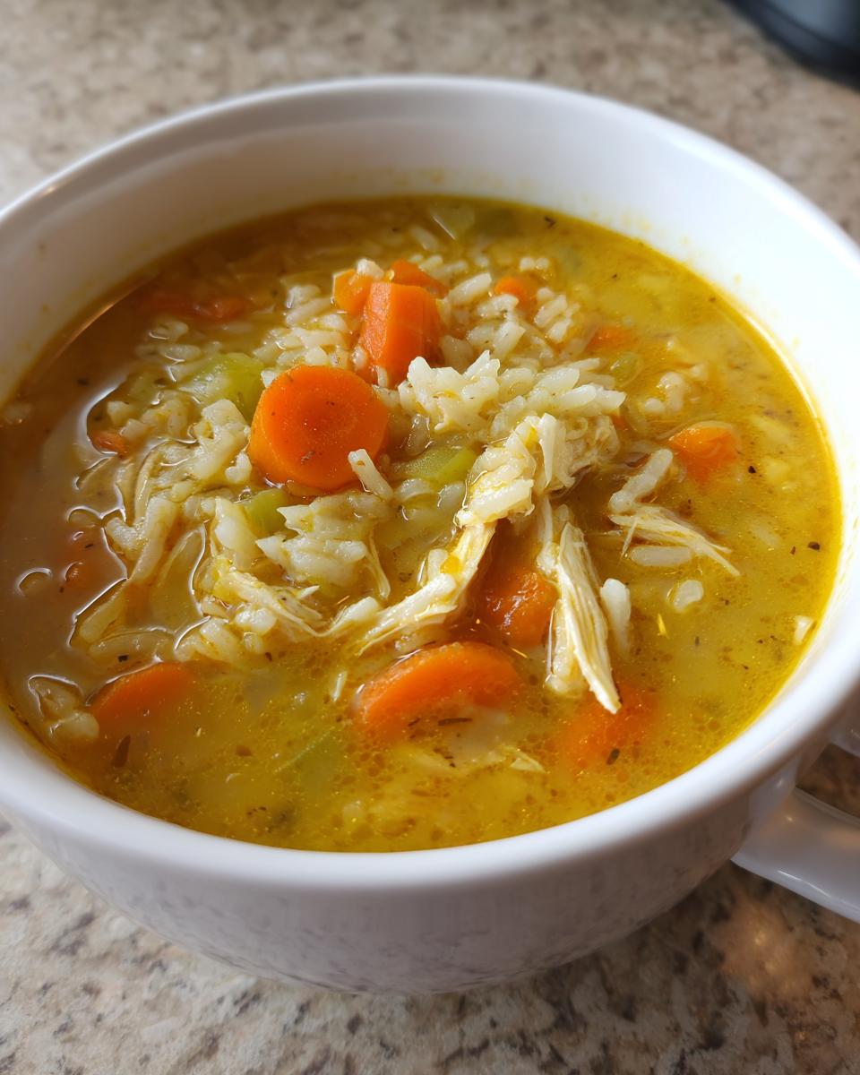 Close-up of a white bowl filled with vibrant yellow Lemon Ginger Turmeric Chicken and Rice Soup, showing shredded chicken, carrots, and rice.