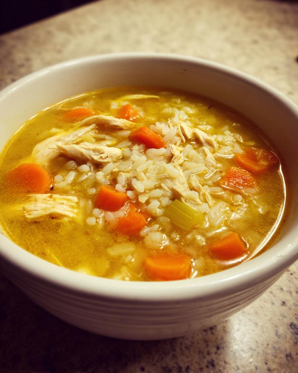 Close-up of a white bowl filled with rich, yellow Lemon Ginger Turmeric Chicken and Rice Soup, featuring shredded chicken, rice, and sliced carrots.