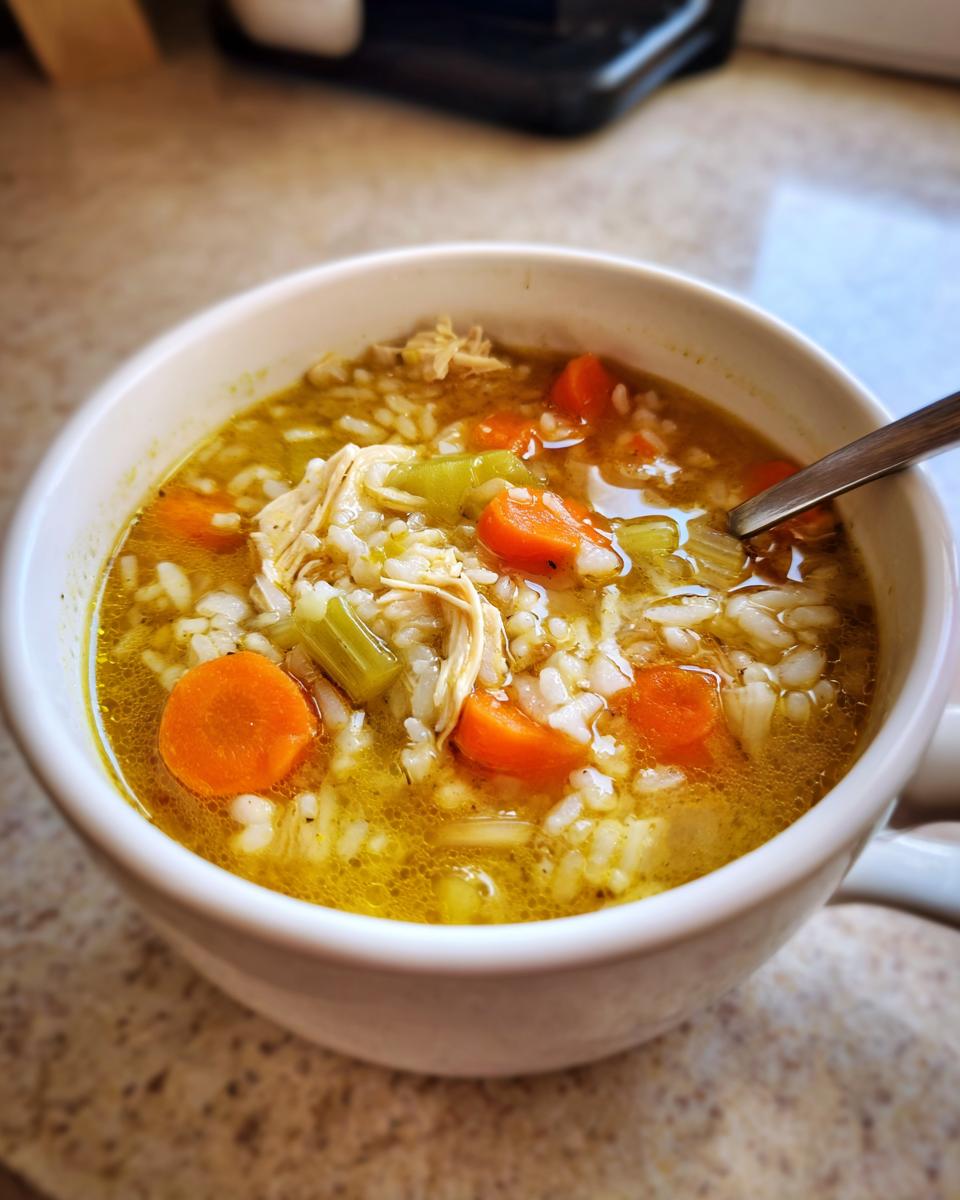 Close-up of a white mug filled with Lemon Ginger Turmeric Chicken and Rice Soup, showing shredded chicken, rice, carrots, and celery.