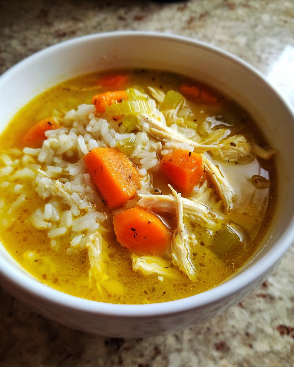 Close-up of a white bowl filled with Lemon Ginger Turmeric Chicken and Rice Soup, showing shredded chicken, rice, carrots, and celery.
