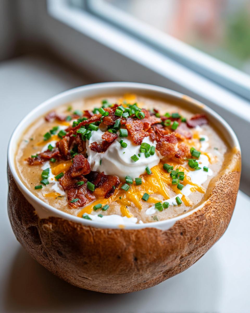 Rich loaded baked potato soup topped with sour cream, bacon, cheese, and chives, served inside a hollowed-out potato skin.