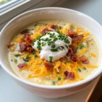 A close-up of a bowl of creamy loaded baked potato soup topped with shredded cheddar, bacon bits, sour cream, and chives.