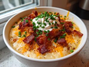 A close-up of a bowl of creamy loaded baked potato soup topped with bacon, cheddar cheese, sour cream, and chives.