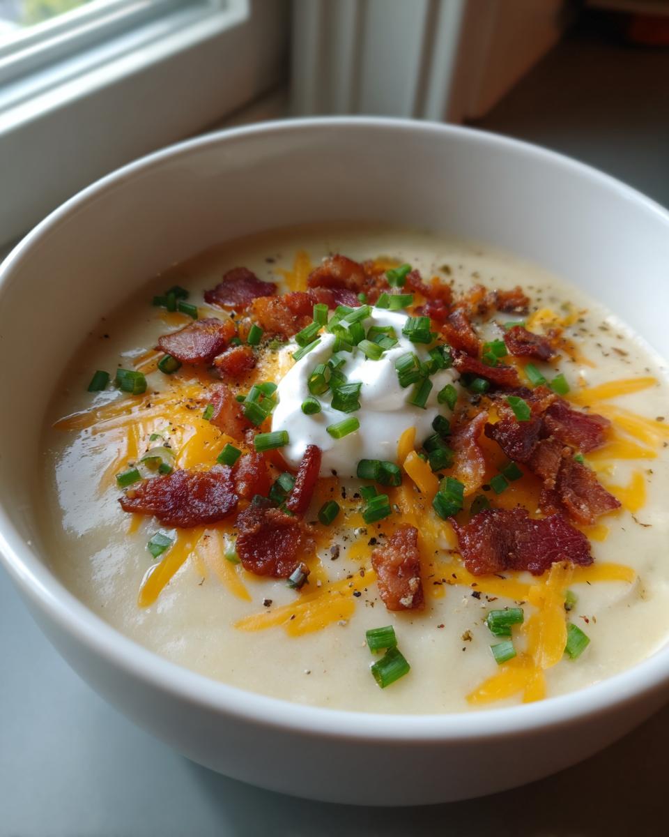 A creamy bowl of loaded baked potato soup topped with shredded cheddar, bacon bits, sour cream, and fresh chives.