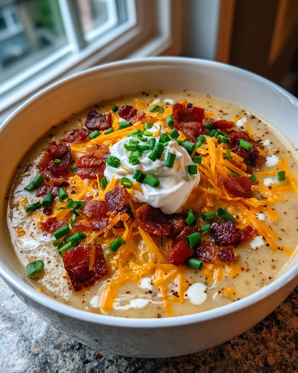 A close-up of a bowl of creamy loaded baked potato soup, generously topped with shredded cheddar, bacon bits, sour cream, and chives.