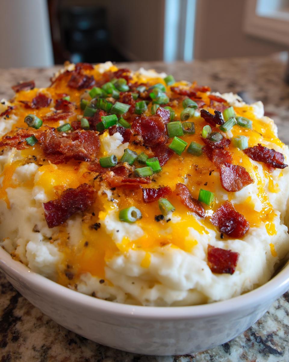 A close-up bowl of creamy loaded mashed potatoes topped with melted cheddar cheese, crispy bacon bits, and fresh green onions.
