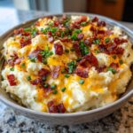 Close-up of a bowl filled with creamy loaded mashed potatoes topped with melted cheddar cheese, crispy bacon bits, and fresh chives.