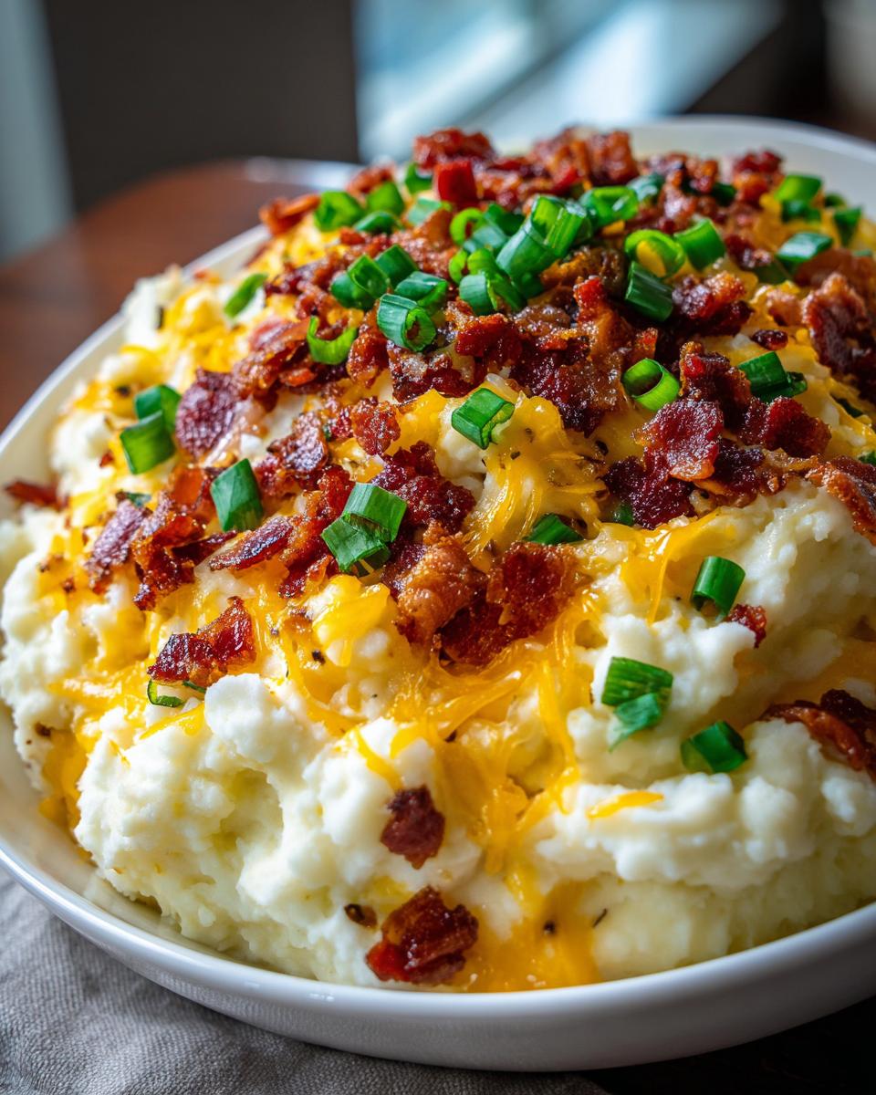A close-up of a white bowl filled with creamy loaded mashed potatoes, topped generously with melted cheddar cheese, crispy bacon bits, and chopped green onions.