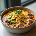 A hearty bowl of tortilla soup topped with shredded chicken, black beans, corn, avocado, cheese, and crispy tortilla strips.