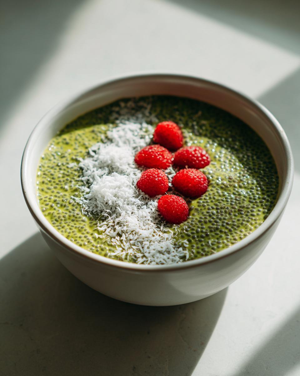 A bowl of bright green matcha chia pudding topped with shredded coconut and fresh raspberries.