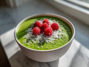 Close-up of bright green matcha chia pudding topped with fresh raspberries and shredded coconut.
