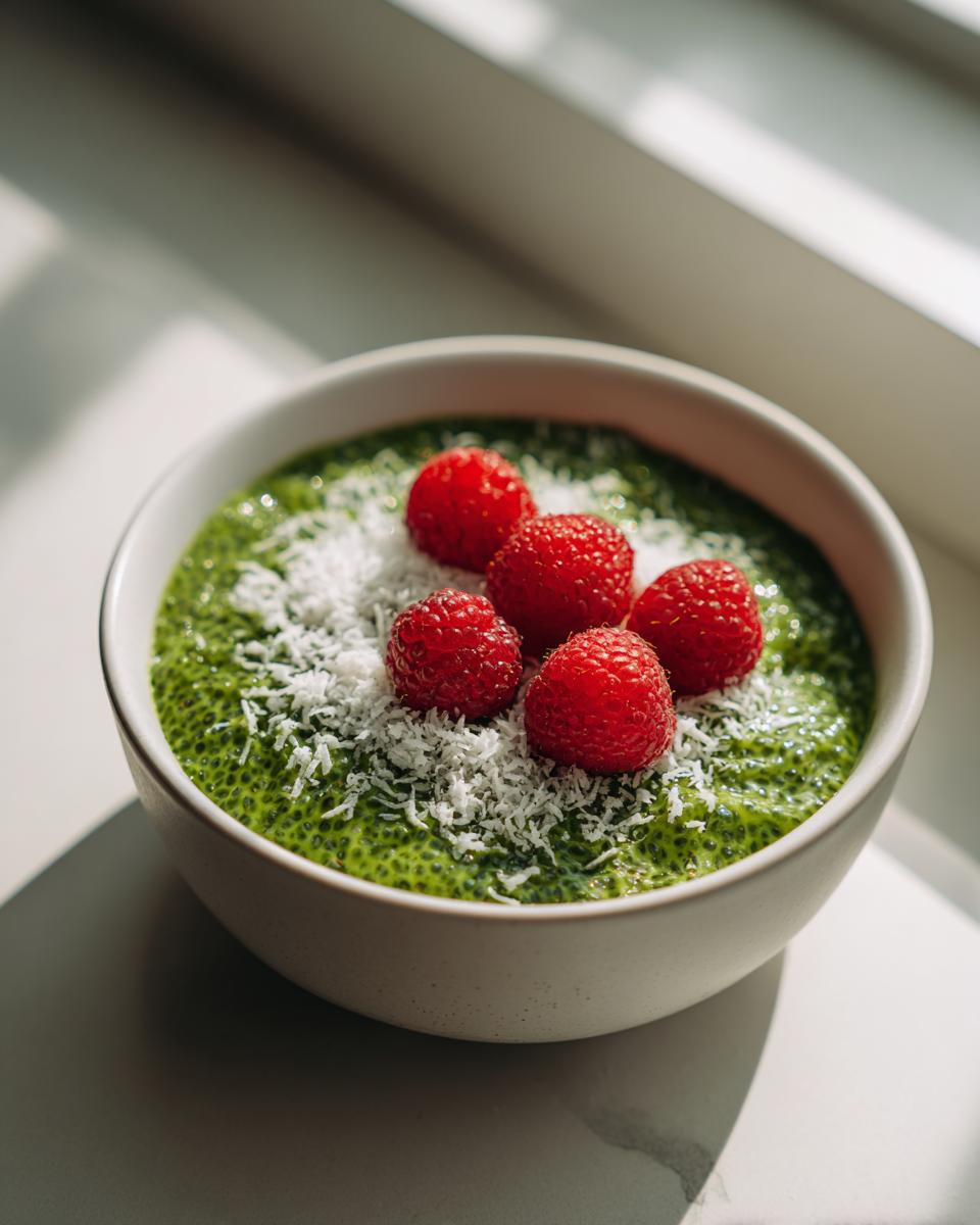 A bowl of bright green matcha chia pudding topped with shredded coconut and five fresh raspberries.