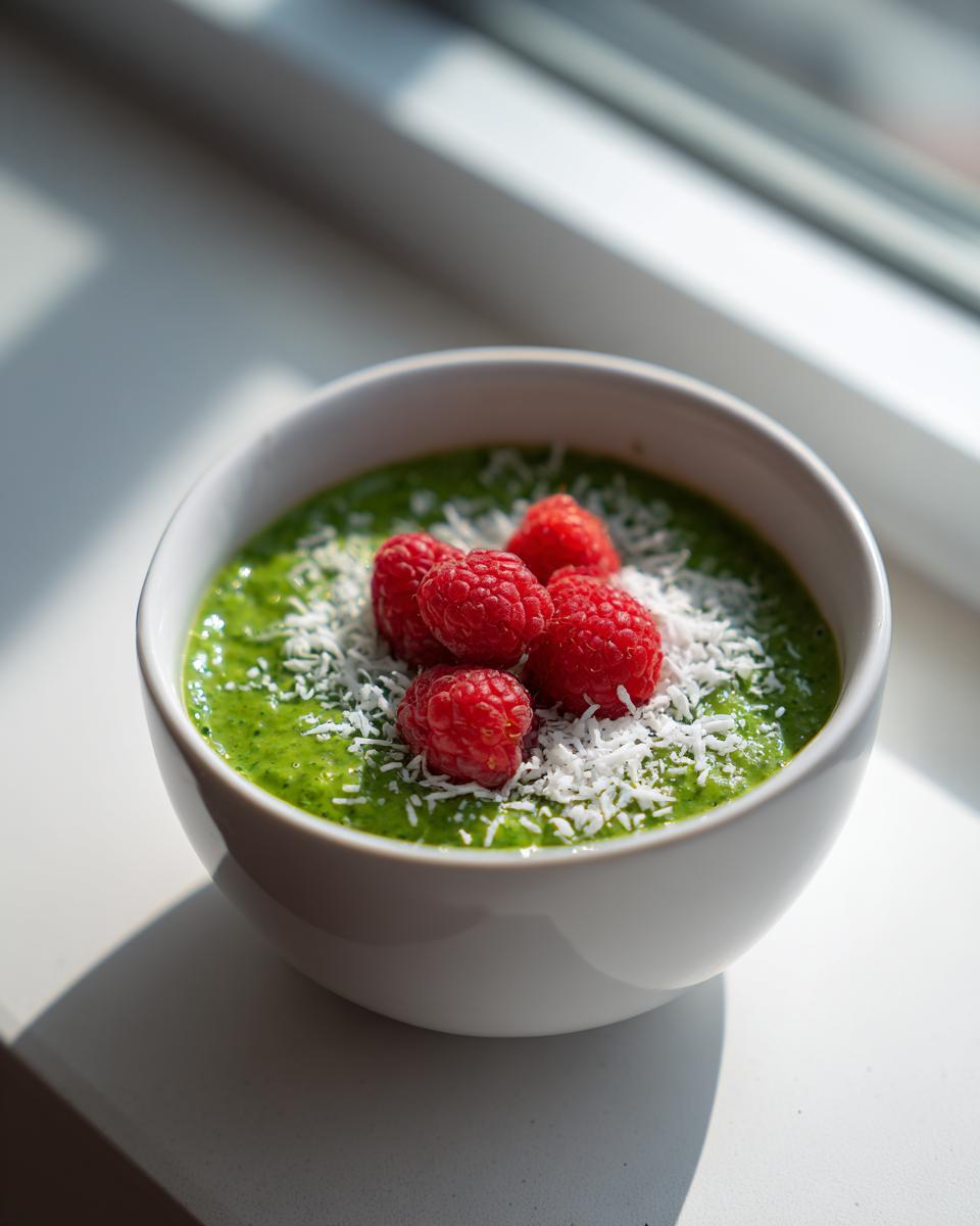 Close-up of bright green matcha chia pudding topped with fresh raspberries and shredded coconut.
