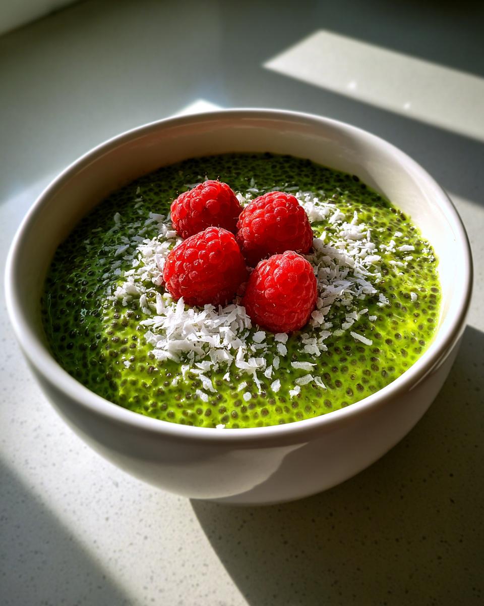 A bright green matcha chia pudding topped with four fresh raspberries and shredded coconut.