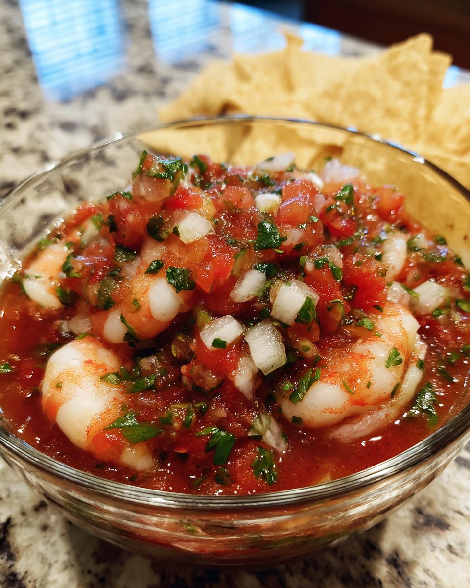 Close-up of a glass bowl filled with vibrant mexican shrimp cocktail, featuring shrimp, tomatoes, onions, and cilantro, with tortilla chips blurred in the background.