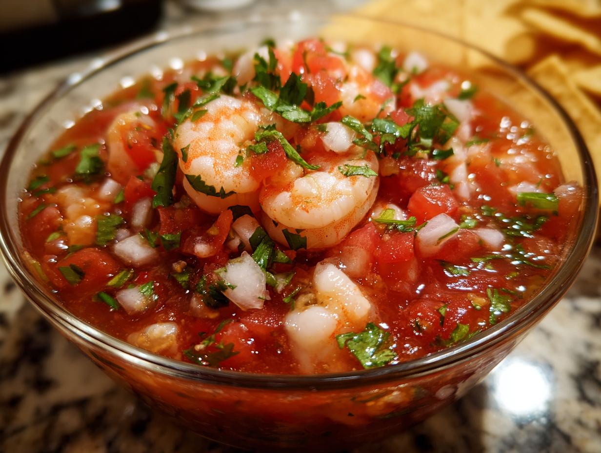 Close-up of a glass bowl filled with vibrant mexican shrimp cocktail, featuring plump shrimp, diced tomatoes, onions, and cilantro.